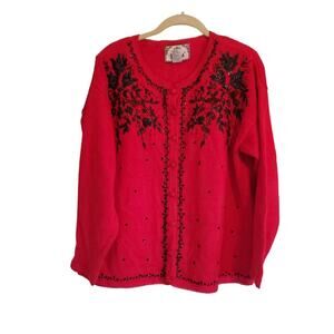 Vintage Tiara International 2001 Y2K Red Knit Black Beaded Cardigan Sweater Goth